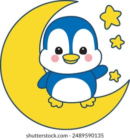 Illustration of cute penguin icon.
Funny penguin in cold weather elements.
A penguin in the moon and stars.