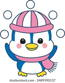 Illustration of cute penguin icon.
Funny penguin in cold weather elements.
A penguin playing a snowballs.