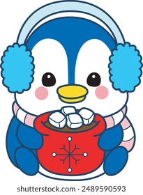 Illustration of cute penguin icon.
Funny penguin in cold weather elements.
A penguin bring a hot chocolate.