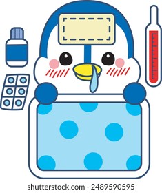 Illustration of cute penguin icon.
Funny penguin in cold weather elements.
A penguin has a sick and medicine beside it.