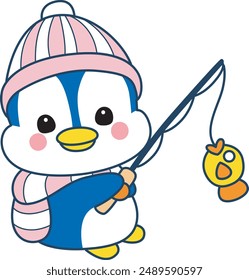 Illustration of cute penguin icon.
Funny penguin in cold weather elements.
A penguin has a sick and medicine beside it.