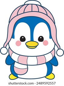 Illustration of cute penguin icon.
Funny penguin in cold weather elements.
A penguin wear a pink hat and scarf.