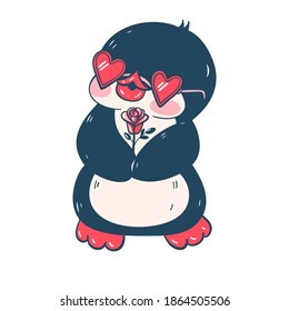 Illustration with a cute penguin isolated on a white background.  Valentine's day.  Vector illustration