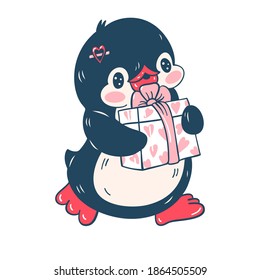 Illustration with a cute penguin isolated on a white background.  Valentine's day.  Vector illustration