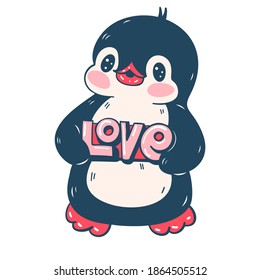 Illustration with a cute penguin isolated on a white background.  Valentine's day.  Vector illustration