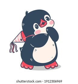Illustration with a cute penguin isolated on a white background. Birthday.  Vector illustration