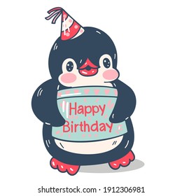 Illustration with a cute penguin isolated on a white background. Birthday.  Vector illustration