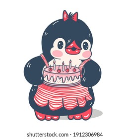 Illustration with a cute penguin isolated on a white background. Birthday.  Vector illustration