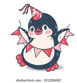 Illustration with a cute penguin isolated on a white background. Birthday.  Vector illustration