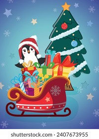 Illustration of a cute penguin on a sleigh full of gifts and a Christmas tree in the background. christmas scene illustration for story or gift card