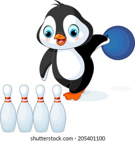 Illustration of cute penguin plays bowling