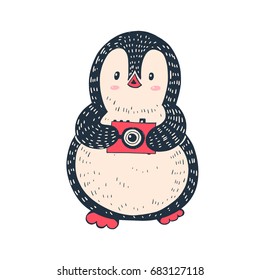 Illustration of a cute penguin with a  red camera.  Hand-drawn illustration. Vector.