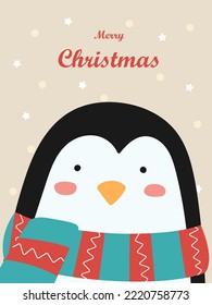 Illustration of a cute penguin in a striped scarf. Vector Christmas card