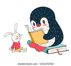 Illustration with a cute penguin and a toy Bunny.  Vector.