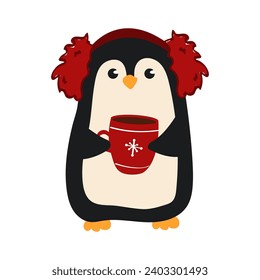 An illustration of a cute penguin wearing ear mufs and holding a cup of hot drink.