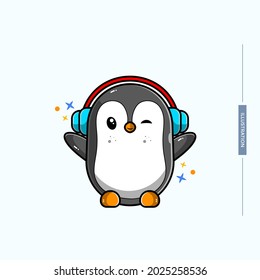 illustration of cute penguin wearing headset, vector eps 10