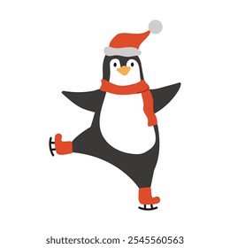 Ilustração de um pinguim bonito vestindo um chapéu vermelho e um cachecol patinando no gelo. Adorável animal de Natal.