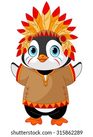 Illustration of cute Penguin wears Native American costume