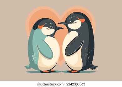 illustration of cute penguins couple in love, animal valentine day card invitation background vector flat color style