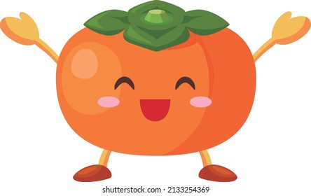 Illustration of a cute persimmon character who is pleased with both hands raised