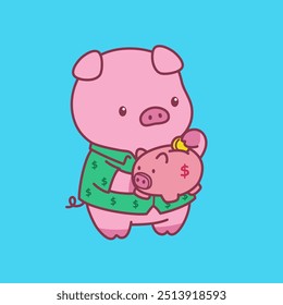 Illustration of a cute pig character design saving money in a piggy bank