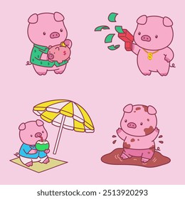 Illustration of a cute pig character design playing his favorite game