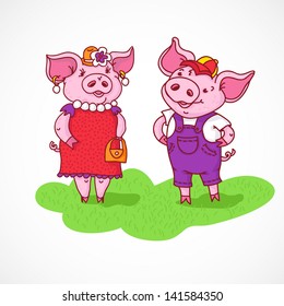 Illustration of cute pig couple standing on grass on white background.  