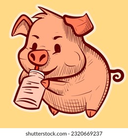 Illustration of a cute pig drinking a beverage with a straw. Vector of an adorable piggy holding a jar of milk