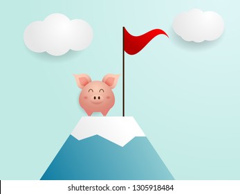 illustration of cute pig finish on top of mountain with red flag cartoon vector
