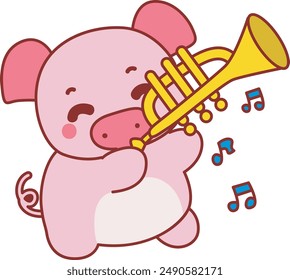 Illustration of cute pig icon.
Funny pig in activities elements.
A pig playing trumpet.