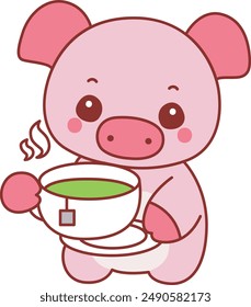 Illustration of cute pig icon.
Funny pig in activities elements.
A pig drinking a green tea.