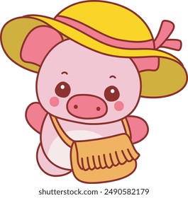 Illustration of cute pig icon.
Funny pig in activities elements.
A pig with hat and bag beach costume.