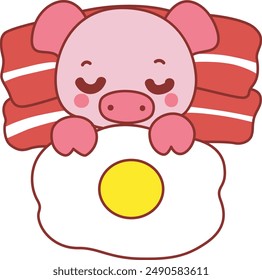 Illustration of cute pig icon.
Funny pig in activities elements.
A pig sleeping with bacon pillow and egg blanket