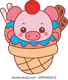 Illustration of cute pig icon.
Funny pig in activities elements.
A pig in the middle of ice cream cone.