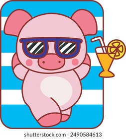 Illustration of cute pig icon.
Funny pig in activities elements.
A pig relax with blue carpet and orange juice.