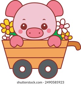 Illustration of cute pig icon.
Funny pig in activities elements.
A pig in the cart with flowers.