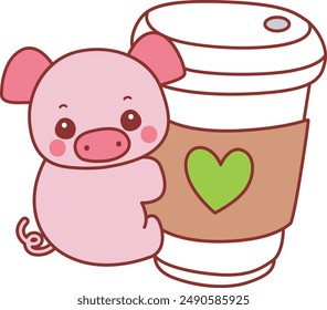 Illustration of cute pig icon.
Funny pig in activities elements.
A pig hugging a hot coffee.