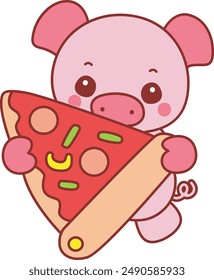 Illustration of cute pig icon.
Funny pig in activities elements.
A pig bring a big pizza.