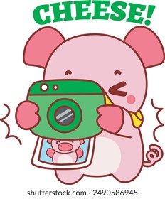 Illustration of cute pig icon.
Funny pig in activities elements.
A pig took a photo with camera.