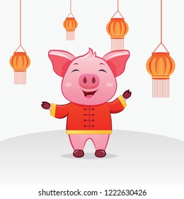 Illustration Cute Pig Mascot With Chinese Clothes