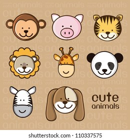 Illustration of a cute pig, monkey, tiger, lion, giraffe, panda, zebra and dog, vector illustration