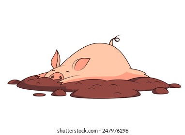 Illustration of a cute pig relaxing in the mud.