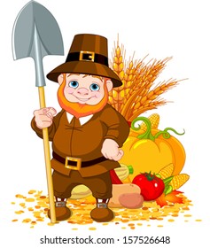 Illustration of cute pilgrim with spade