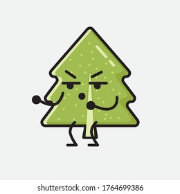 Ilustración del carácter del vector de mascota de árbol de pino con diseño plano