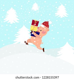  illustration of a cute pink cartoon piglet in a Santa Claus hat carries presents. Isolated snowy background.