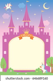 Illustration of cute pink castle template on night background with unicorn stars and moon.