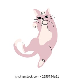 Illustration of cute pink cat, strange funny pose. Isolated trendy simple art of fun cat. Vector illustration EPS 10