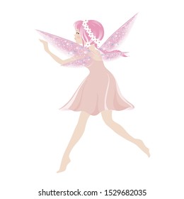 Illustration of a Cute pink fairy flying with beautiful wings, Vector cartoon for bed time story elements
