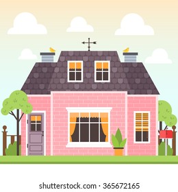 illustration of cute pink house with trees and bird on gradient background with clouds. vector flat buildings illustration. cute spring pastel house