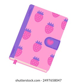 Illustration of a cute pink notebook with a purple spine and clasp, featuring a strawberry pattern and a small heart detail. Ideal for school supplies, stationery, or kawaii-themed designs.